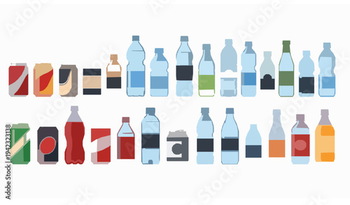 Colorful Beverage Container Vector Set with Soda Cans Water Bottles and Glass Drink Bottles