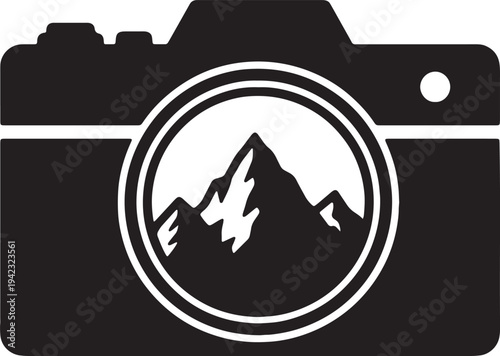 Professional camera silhouette with mountain landscape in lens for nature photography and travel