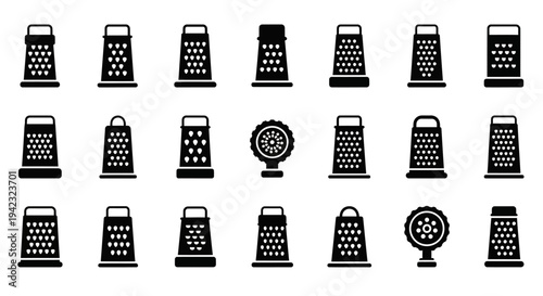 Black grater icons, kitchen utensil set, cheese grater collection, 16 grater symbols