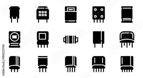 Electronic, circuit, chip, microchip icons, 12 black and white vector graphics