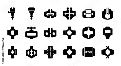 Industrial, mechanical icons, 20 black symbols, gear and tool set, vector graphics
