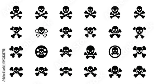 Skull and crossbones icons, black skull symbols, poison warning signs, vector graphics