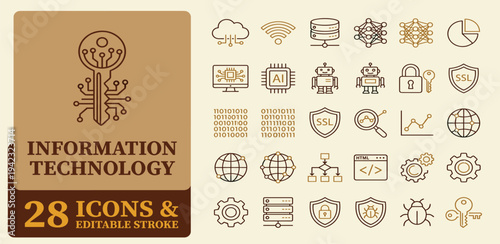 Collection of Information Technology icons and symbols showcasing various aspects of technology and digital concepts
