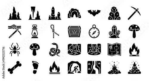 Outdoor adventure icons, camping and hiking symbols, black vector graphics, 25 wilderness exploration elements
