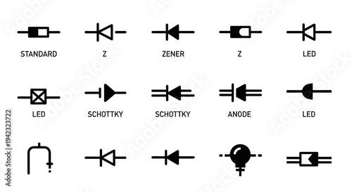Electronic Diode, Semiconductor, Circuit Symbols, Vector Icons, 20 Elements