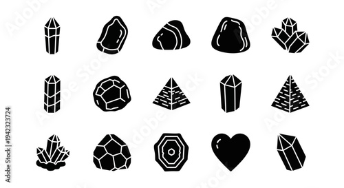 Black crystal, gemstone, mineral icons, 16 symbols, vector graphics