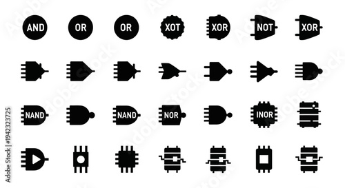 Logical Operator Icons, Boolean Symbols, Circuit Board Elements, Black Vector Set
