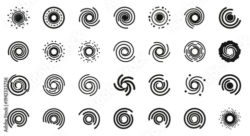 Collection of diverse black and white spiral designs displayed on a transparent background, showcasing various patterns and shapes