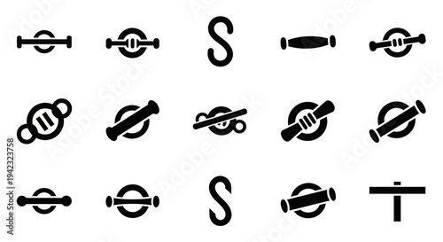 Collection of simple black icons representing various tools and objects on a white background viewed from a straightforward perspective
