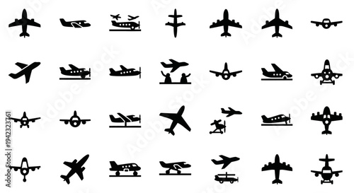 Collection of various aircraft silhouettes displayed in a grid pattern on a clean background viewed from a straightforward perspective