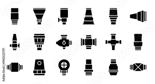 Collection of camera and lens icons depicted in a grid layout, various shapes and designs, digital illustration, simple background, top view