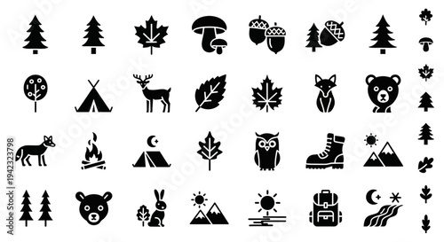 Collection of forest and wildlife icons, including animals and camping symbols, depicted in a simple black and white illustration style