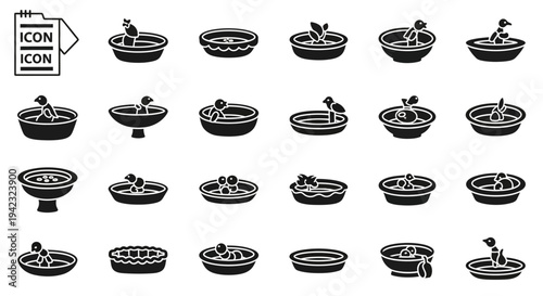 Collection of Various Pot and Pan Icons with Utensils and Food on a Clean White Background from a Direct Overhead Viewpoint
