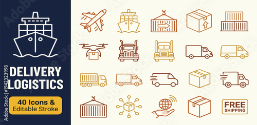 Collection of logistics and delivery icons representing transportation and shipping services in a simple graphic style