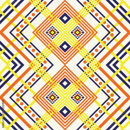Geometric ethnic oriental pattern concept inspired by cross stitch motifs reflecting cultural harmony and symmetry, detailed vector pattern design for textile, fabric, batik, clothing, and wallpaper