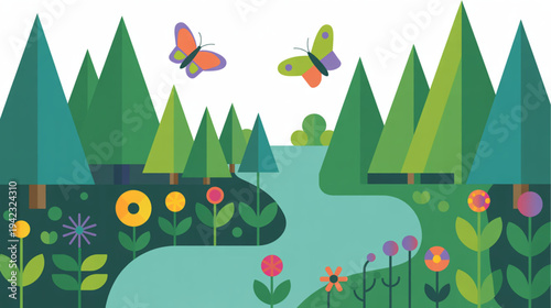 Vector illustration of forest landscape with river, flowers, trees and butterflies