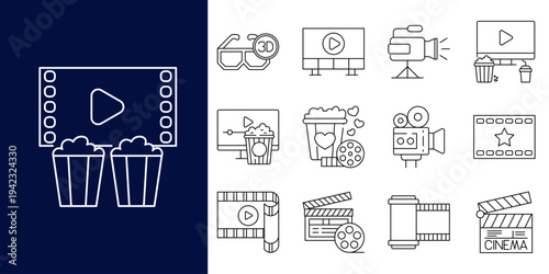 Comprehensive collection of minimalist line art icons symbolizing modern cinema, movie production, and digital entertainment, ideal for multimedia design projects
