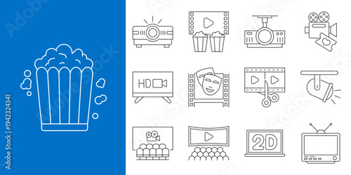 Collection of cinematic icons representing movie watching, including popcorn, projector, cinema screen, and 3D glasses