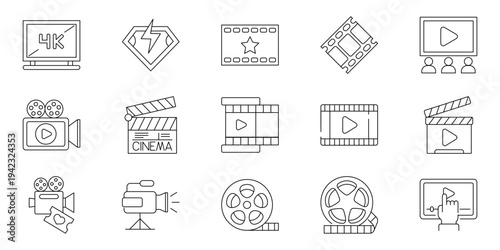 Collection of cinema and movie production icons, including cameras, film reels, and screens