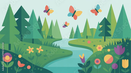 Vector illustration of a serene forest landscape with river, trees, flowers, and butterflies