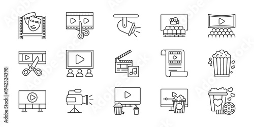 Collection of film and cinema icons representing movies, production, and entertainment