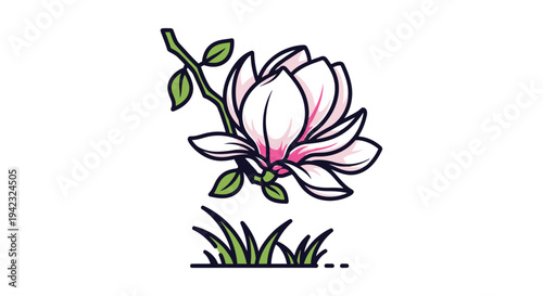 Elegant Magnolia Blossom with Lush Green Grass Illustration.