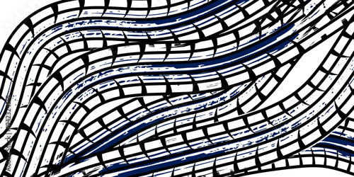 Grunge tire track, wheel braking marks. White truck, car or motorcycle tread pattern silhouette. Auto race, motorsport, speed racing design element. Vector illustration