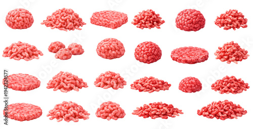 A charming watercolor collection of raw ground beef featuring minced meat portions and patties illustrated in a detailed culinary food style.