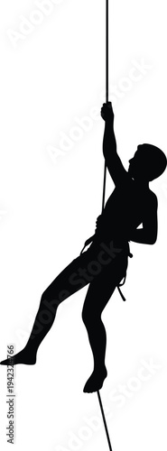 Black Silhouette of a Person Abseiling Down a Vertical Rope Wearing Climbing Harness Isolated on White Background for Adventure Sports