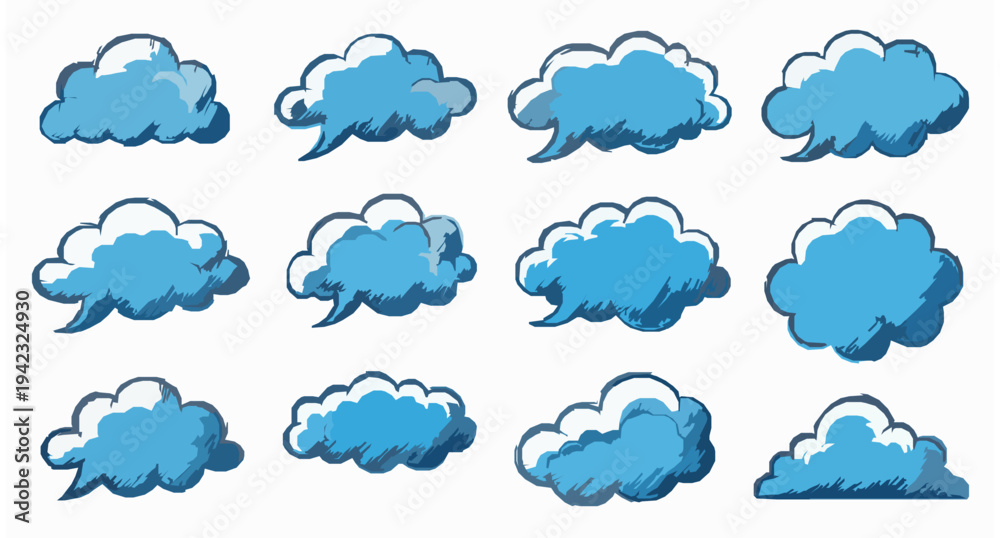 Fototapeta premium Simple hand drawn cloud set vector blue sketch clouds and speech bubble shapes