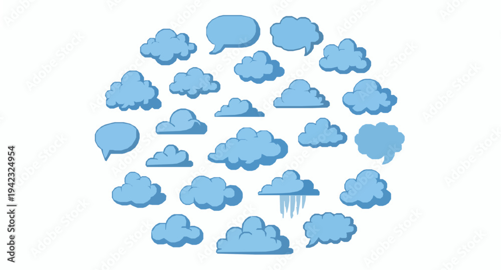 Obraz premium Blue doodle cloud collection vector with hand drawn speech bubble and sky shapes