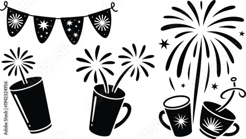 Celebration Elements Set with Party Bunting Flags and Fireworks Bursting from Cups Retro Black and White Vector Illustration for Events (Exactly 20 words)