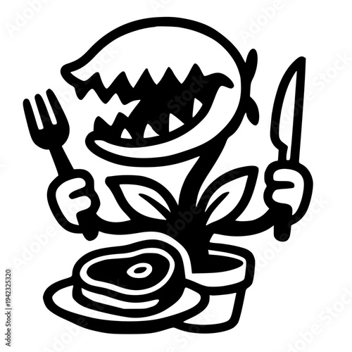 Cartoon carnivorous plant eating steak with utensils