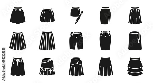 Black skirt icons, vector skirt designs, fashion skirt set, 15 skirt illustrations