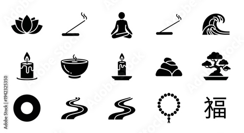 Meditation, yoga, and zen icons set, 13 black vector symbols, mindfulness and relaxation elements, spiritual and wellness graphics