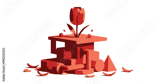 Geometric Tulip Still Life - A Study in Red Tones and Abstract Forms.