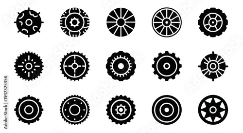 Mechanical gear icons, cogwheel symbols, black and white illustrations, 15 piece set, vector graphics