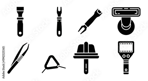 Black and white tool icons, construction tools, industrial equipment, vector illustrations, 8 symbols