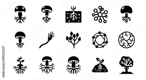 Black algae, seaweed, fungus and lichen icons, 16 vector graphics, biology symbols, ecology illustrations, natural elements