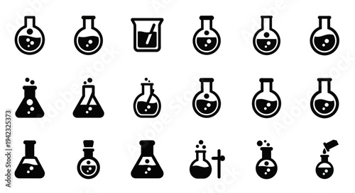 Laboratory equipment icons, science symbols, chemistry beakers, 20 black labware illustrations