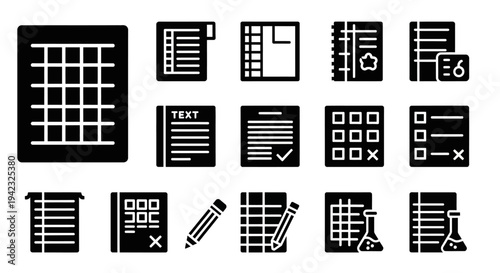 Black and white calculator, spreadsheet, and document icons, business and finance symbols, 16 vector graphics, editable elements