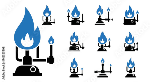 Gas burner, flame, stove icons, 12 black and blue vector symbols, cooking, fire, fuel, kitchen elements