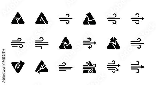 Wind direction icons, weather symbols, vector graphics, 20 black signs, directional arrows