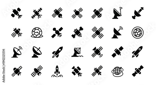 Satellite icons, space symbols, rocket logos, 25 black vector graphics