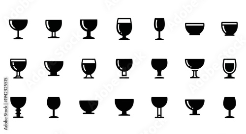 Black wine glass icons, vector wine glasses, drinking glass silhouettes, 20 glassware illustrations