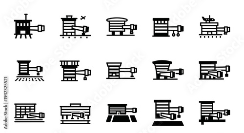 Industrial machinery icons, factory equipment symbols, black industrial tools, 15 machine illustrations, vector graphics