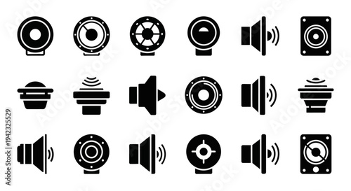 Sound speaker icons, audio symbols, music speakers, sound wave graphics, black vector illustrations