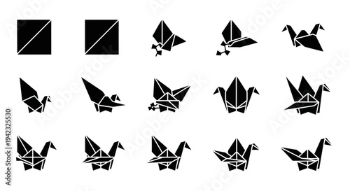 Black origami cranes, paper crane icons, folding symbols, minimalist designs, vector graphics