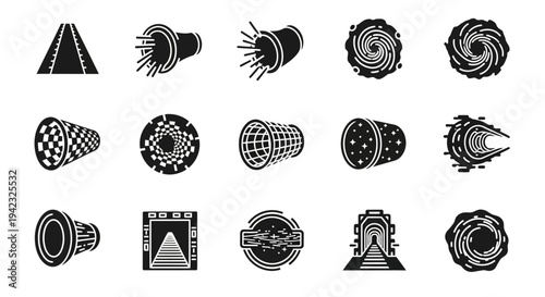 Black and white tunnel, pipe, and nozzle icons, 15 industrial vector graphics, seamless patterns, engineering shapes, monochrome illustrations
