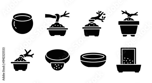 Bonsai tree icons, plant silhouettes, gardening symbols, vector graphics